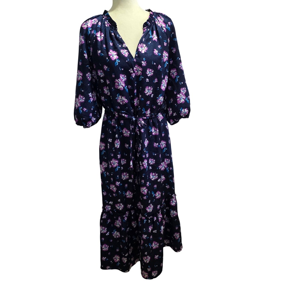 Draper James Navy Blue Floral Tiered Midi Dress XL Ruffle V-Neck Tie Waist Boho